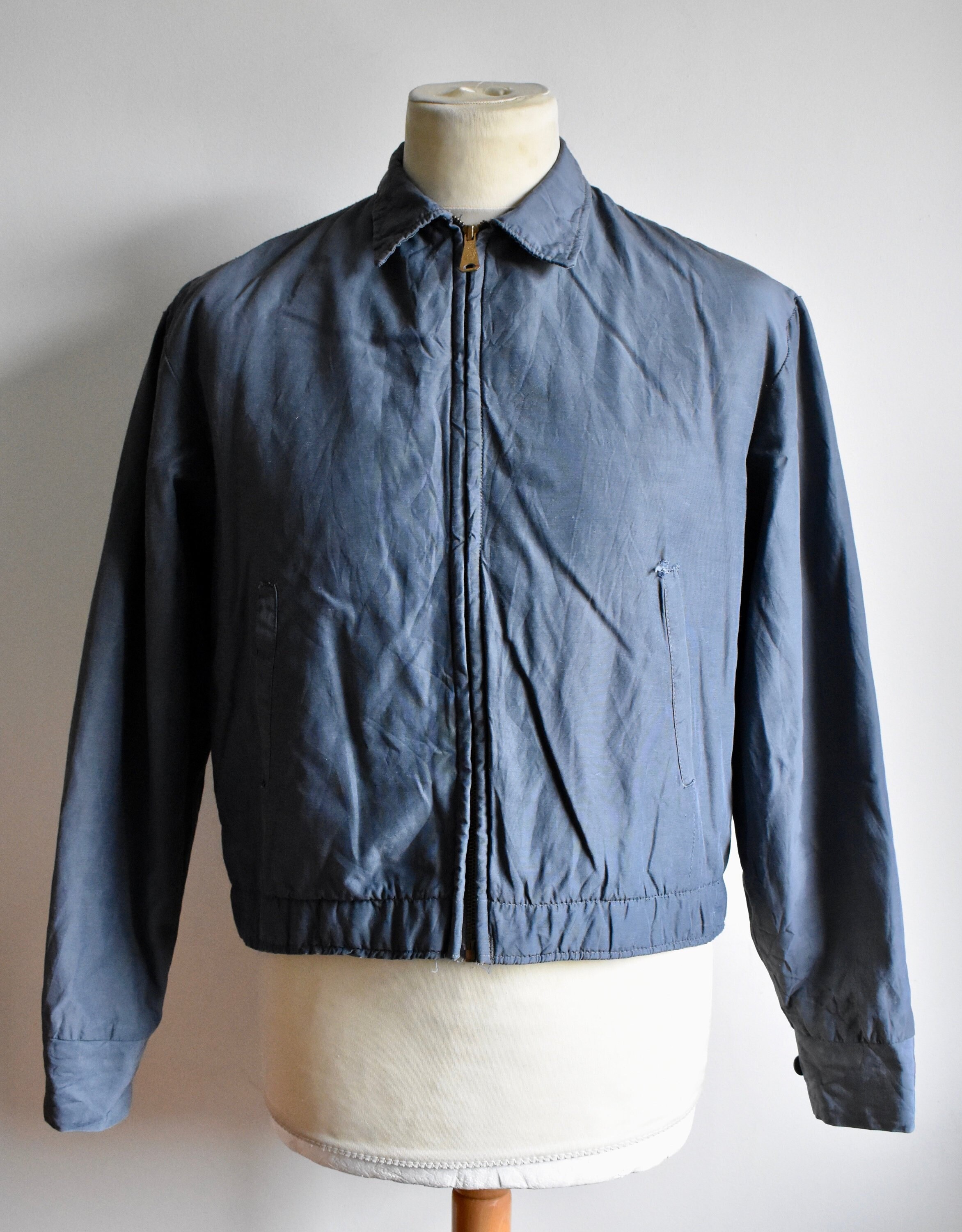 Image of Vtg 60S Aldens Sanforized Blue Cotton Faux Fleece Lined Short Cut Sports Jacket Americana James Dean Ricky Rockabilly Medium
