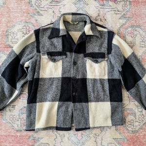 Vtg 40s 50s Megs of Boston Black & Cream Check Plaid Wool Outdoor