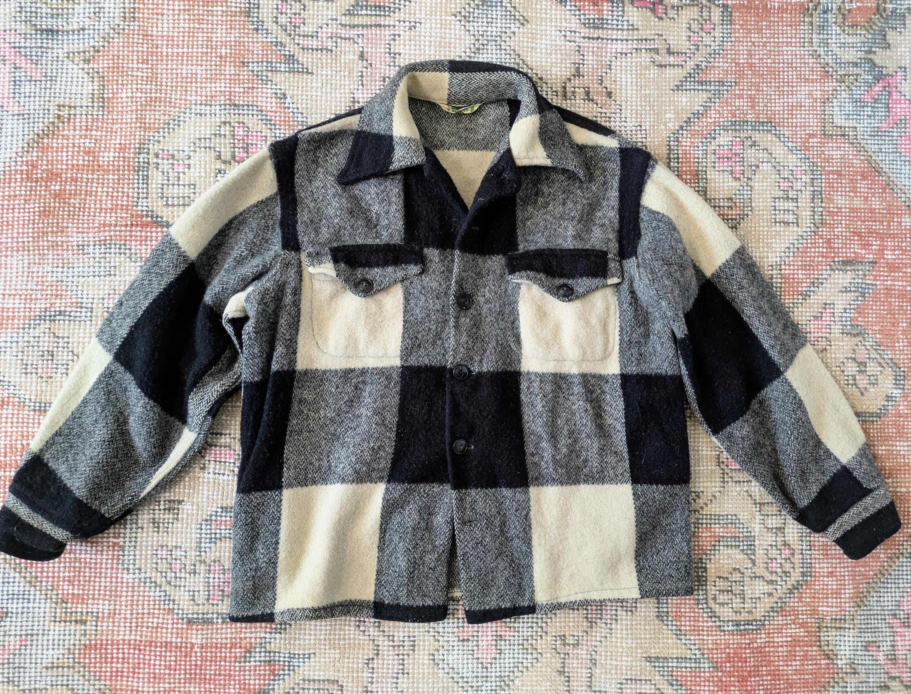Vtg 40s 50s Megs of Boston Black & Cream Check Plaid Wool Outdoor
