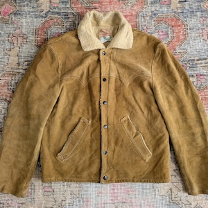 Vtg 60s Jo-o Kay Brown Suede Leather Sherpa Lined Western Rancher Jacket Trucker Coat USA 40/42