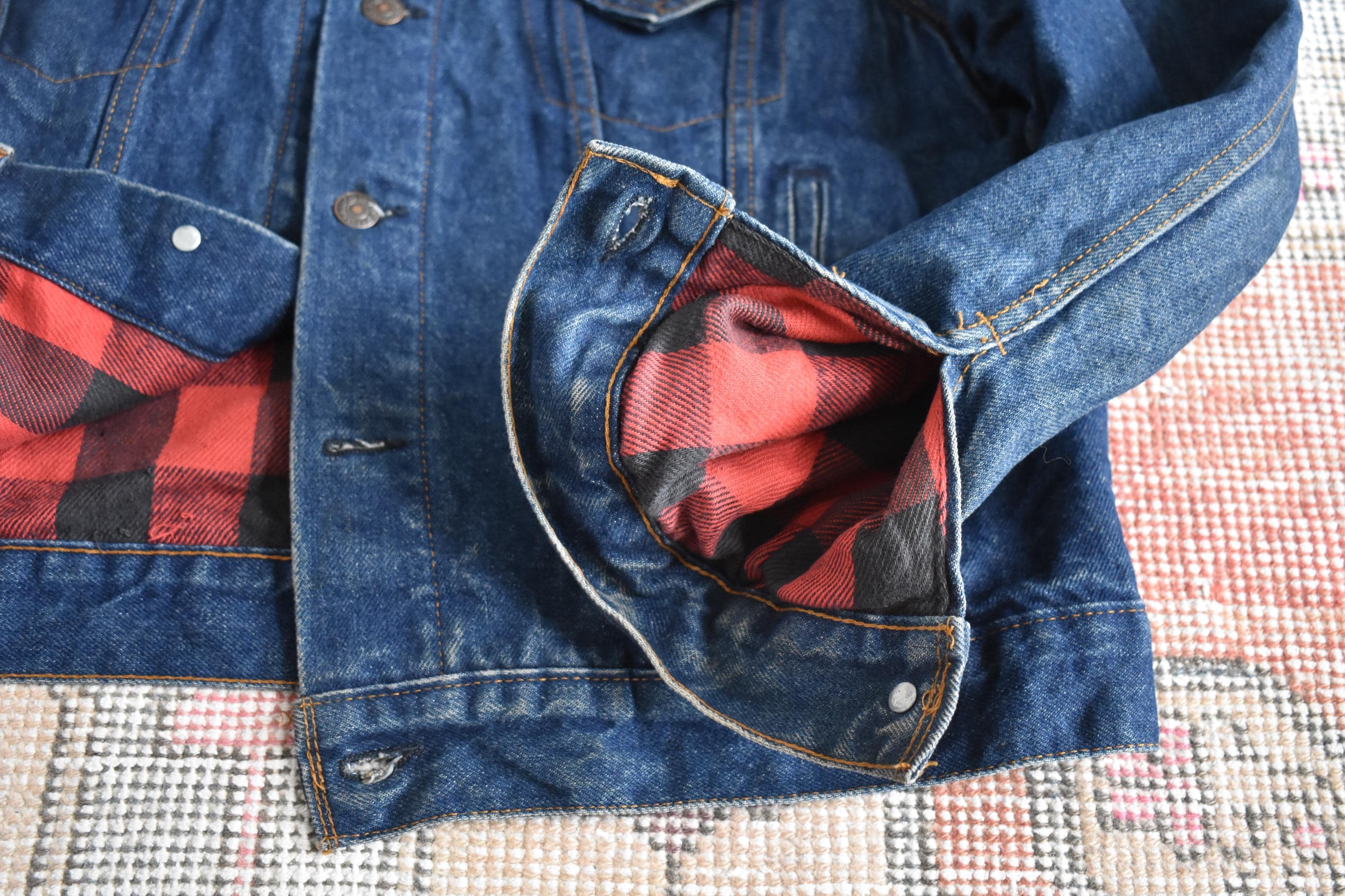ジャケット・アウター 80s Levi's 70411 Denim jacket BLUE 40 Vtg 80s Levi's 70411 Dark Blue Denim Buffalo Plaid Flannel