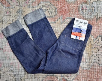 Pantalones vaqueros de trabajo estilo rockabilly, nuevos, estilo vintage de los años 60, marca británica Telsalda Empire Made, color azul, talla W26.