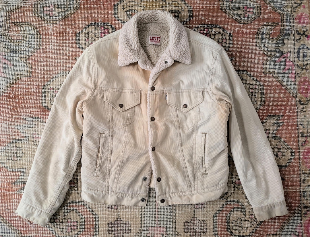Vtg 80s Levi's Cream Faded Brown Distressed Corduroy Sherpa Lined