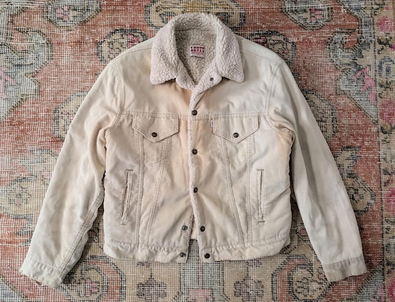 Vtg 80s Levi's Cream Faded Brown Distressed Corduroy Sherpa Lined