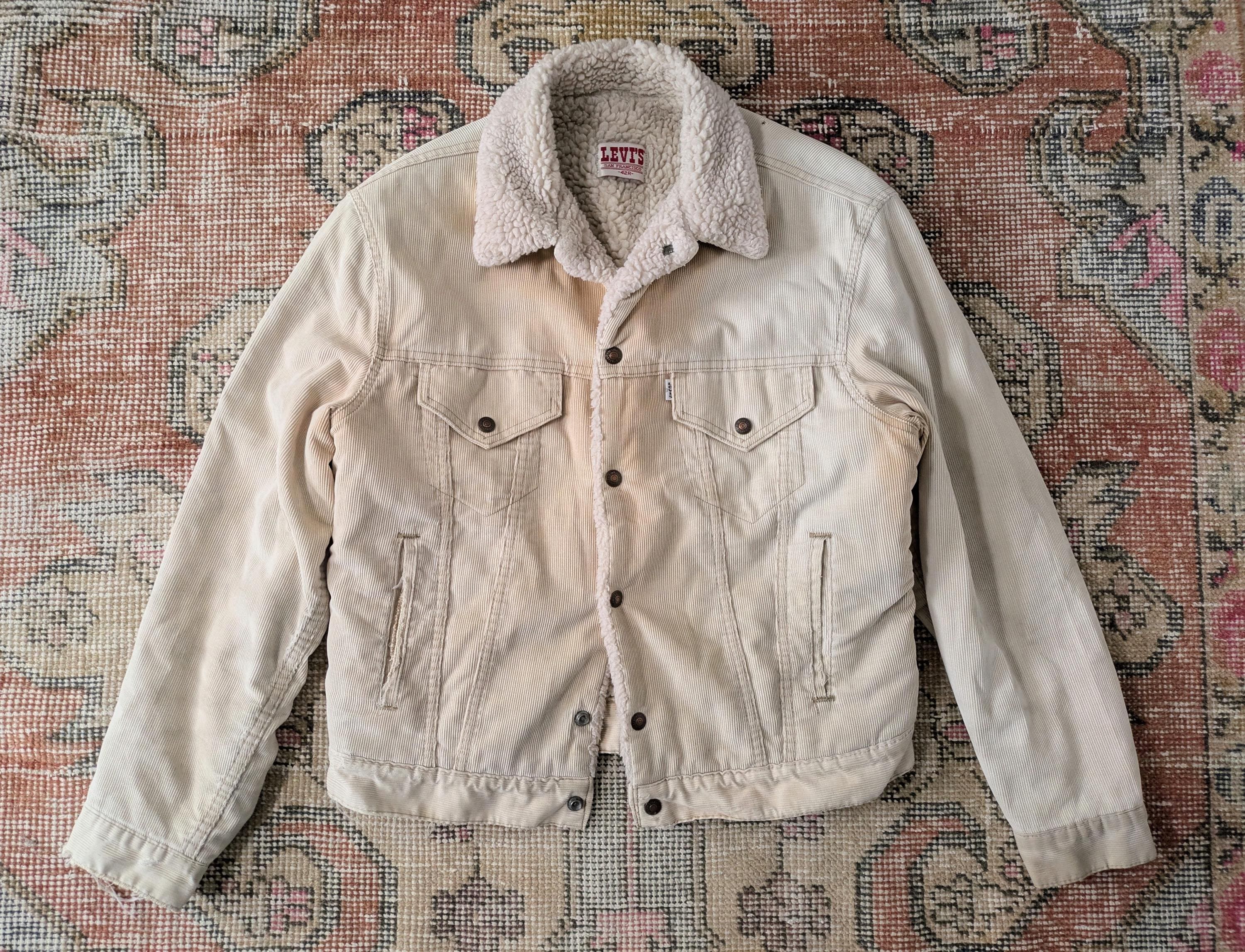 Vtg 80s Levi's Cream Faded Brown Distressed Corduroy Sherpa Lined