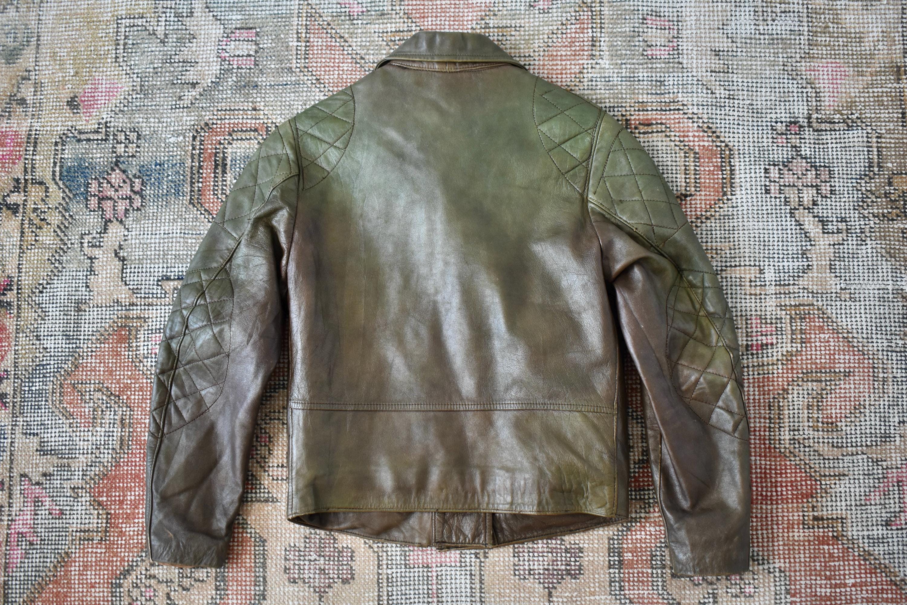 Vtg 60s French Green Distressed Leather Motorcycle Jacket Biker