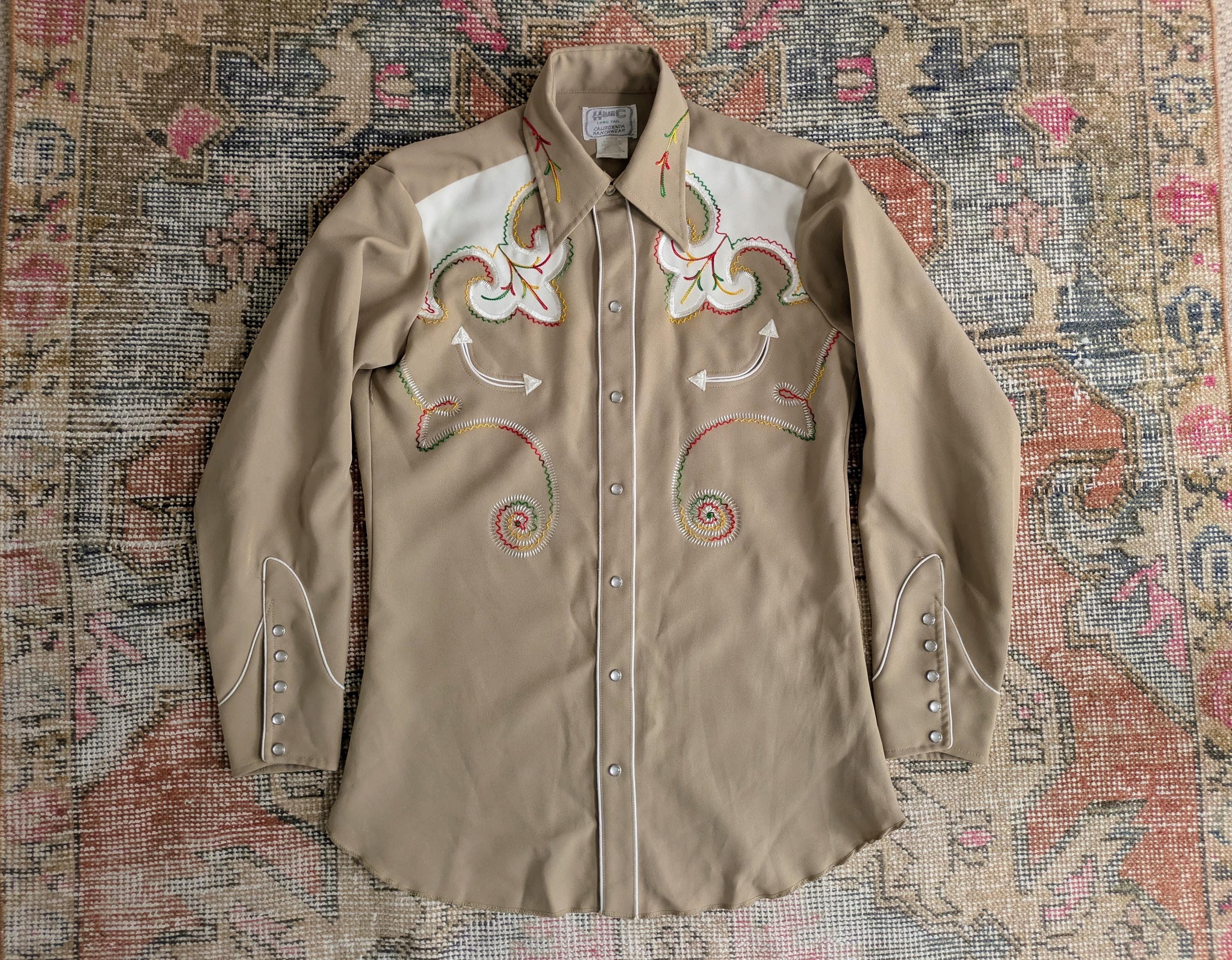 Vtg 70s H Bar C California Ranchwear 'arrowhead' Beige Embroidered
