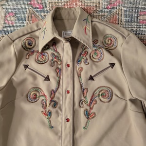 Vtg 70s H Bar C California Ranchwear Laguna Beige Embroidered Western Shirt Rodeo USA Women&#39;s M/L