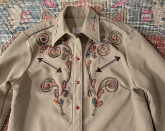 Camisa vaquera bordada estilo ranchero California Ranchwear Laguna Beige de los años 70, estilo vintage, talla M/L, para mujer