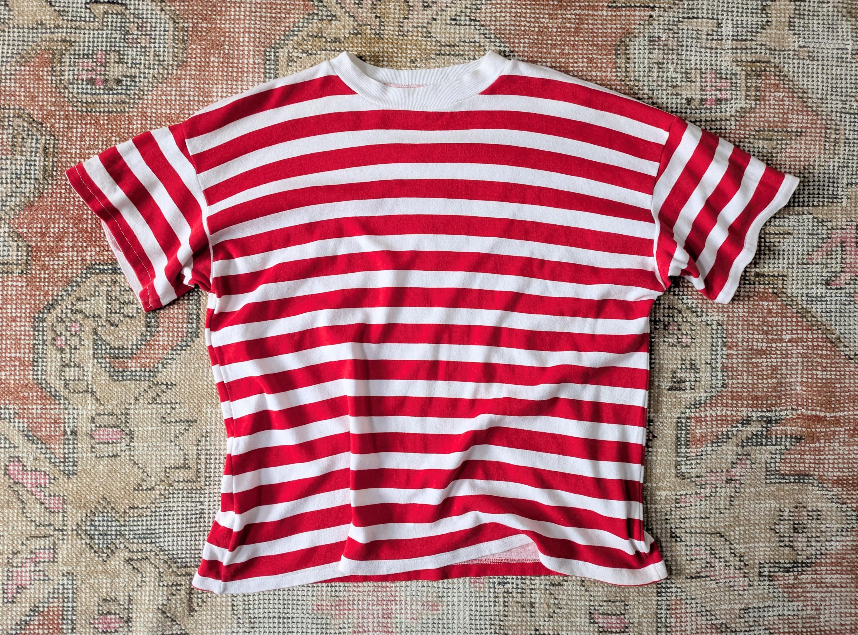 Vtg 70s English Red & White Breton Striped Boxy Single Stitch T