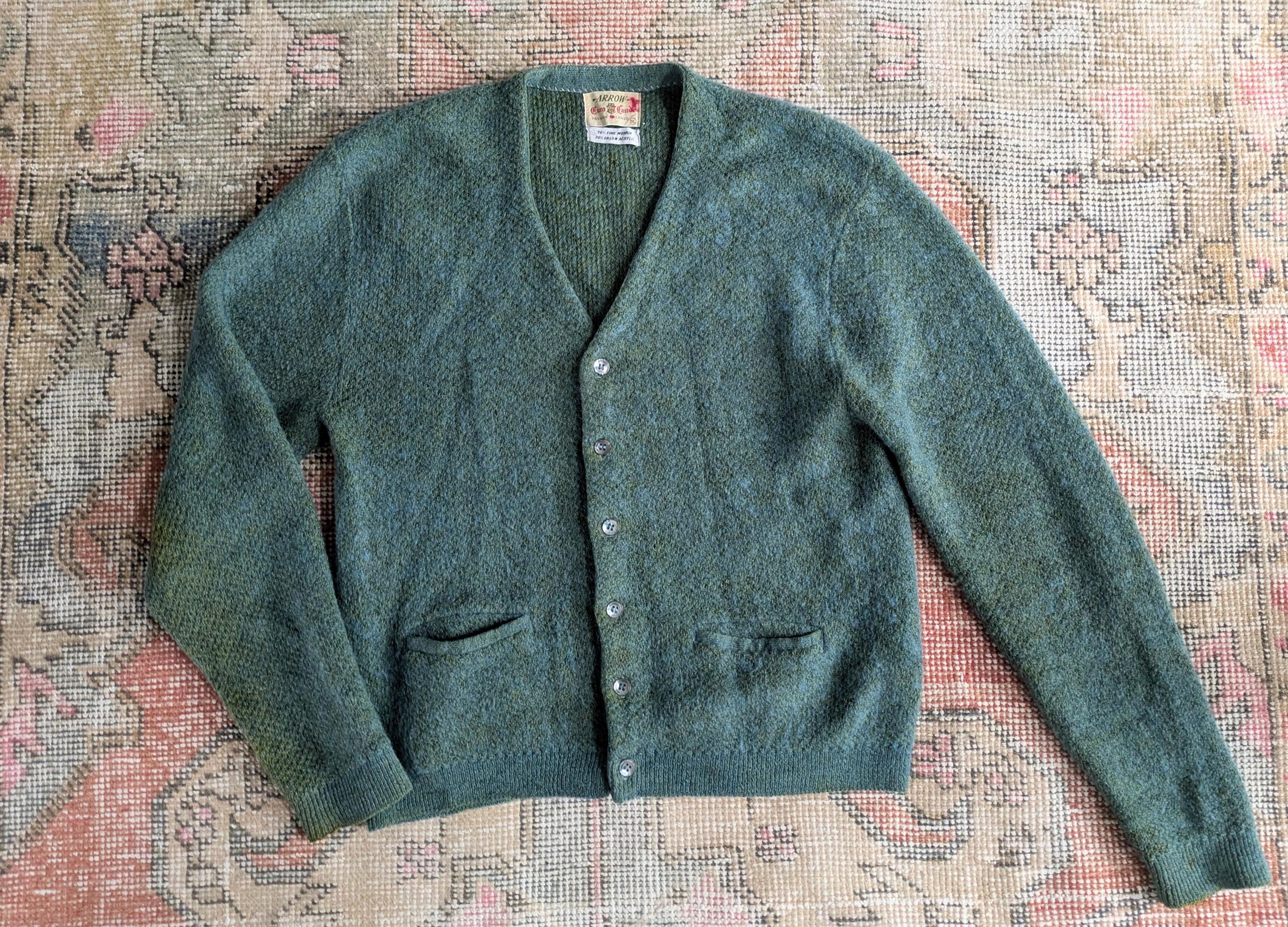 Vtg 50s 60s Arrow Cum Laude Green Fuzzy Mohair & Acrylic