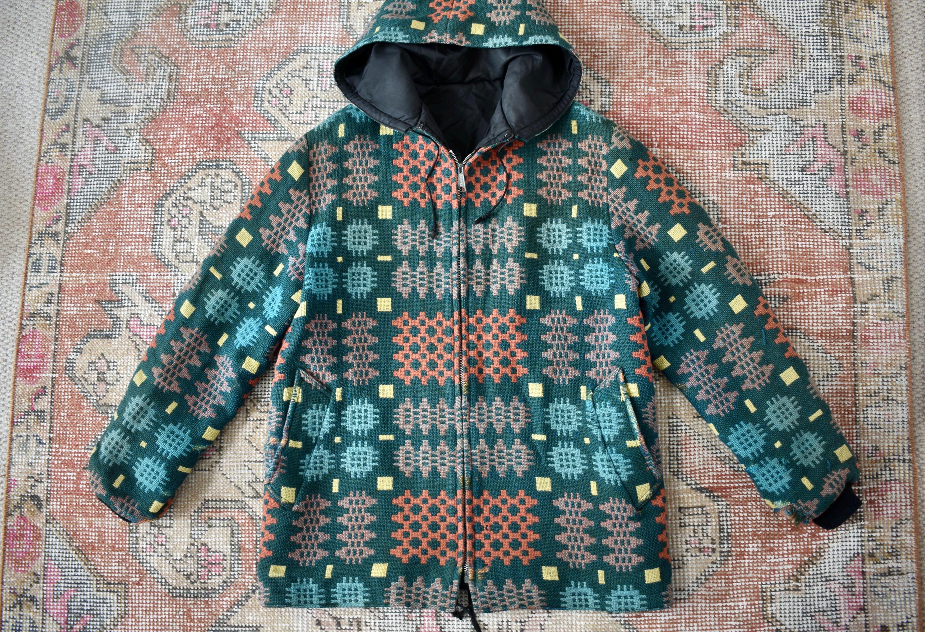 Vtg 60s Handmade Welsh Tapestry Blanket Wool Hoodie Coat Jacket