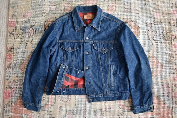 Vtg 80s Levi's 70411 Dark Blue Denim Buffalo Plaid Flannel Lined