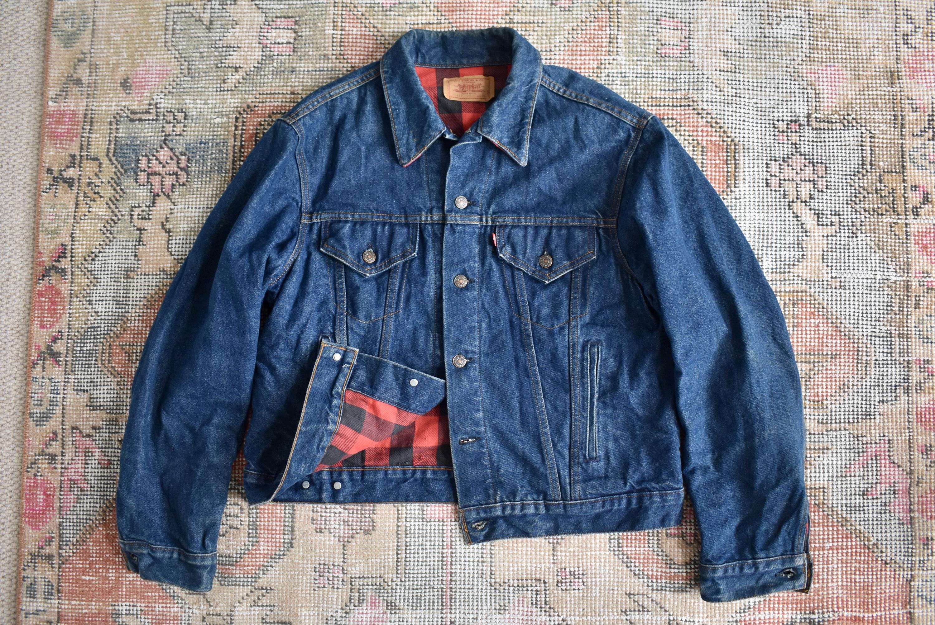 ジャケット・アウター 80S Levis 70411 0816 Denim Jacket size38 Vtg 80s Levi's 70411 Dark Blue Denim Buffalo Plaid Flannel Lined