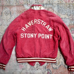 Vtg 60s Haverstraw Stony Point Flocked Raspberry Red Corduroy Varsity Bomber Jacket Empire Sporting Goods S