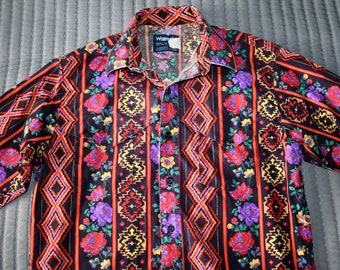 Vtg 80s Wrangler Crazy Flower Abstract Geo Print Cowboy Cut Western Shirt L 16-36