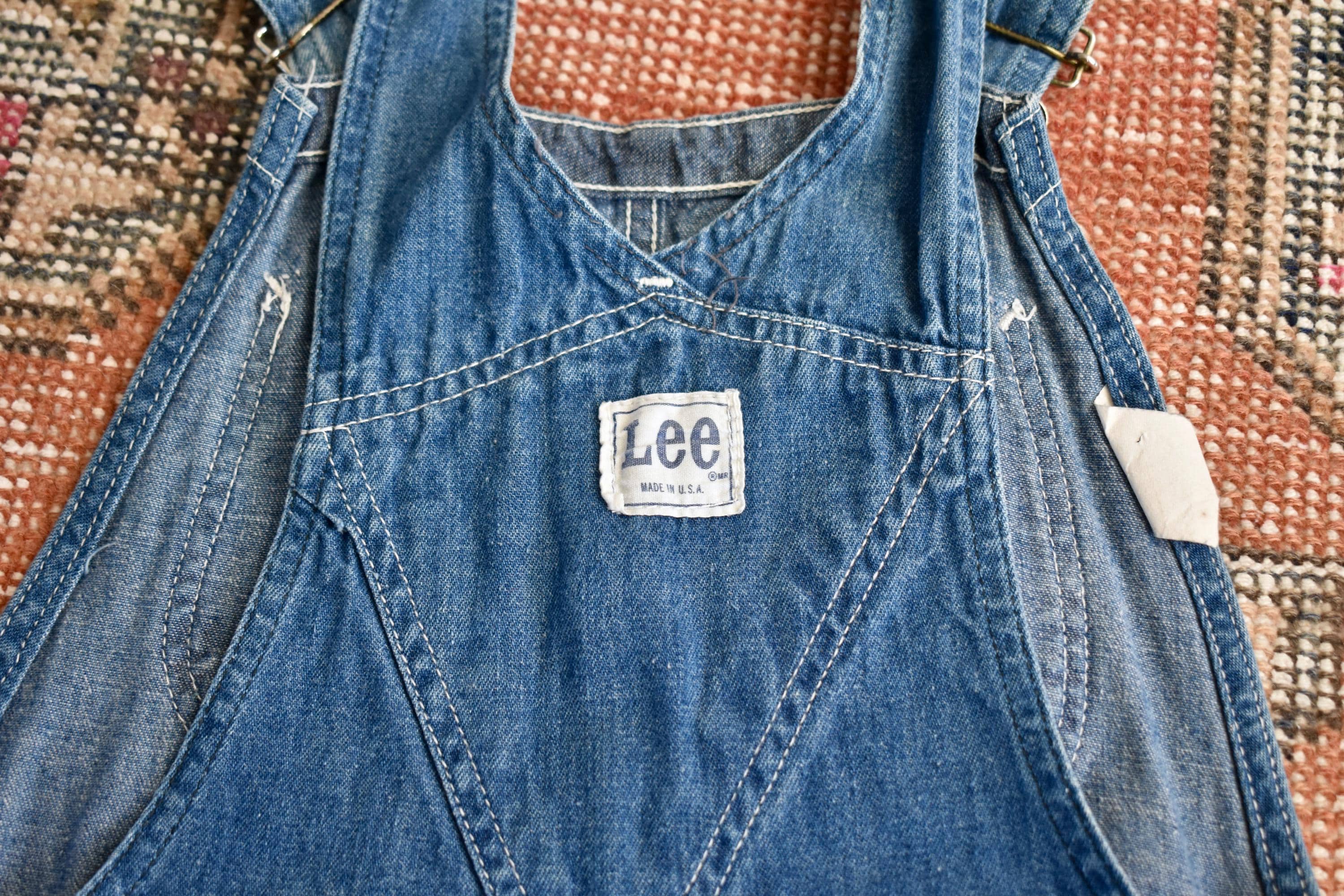 Vtg 70s LEE Blue Denim Workwear Overalls Bibs Dungarees Made in