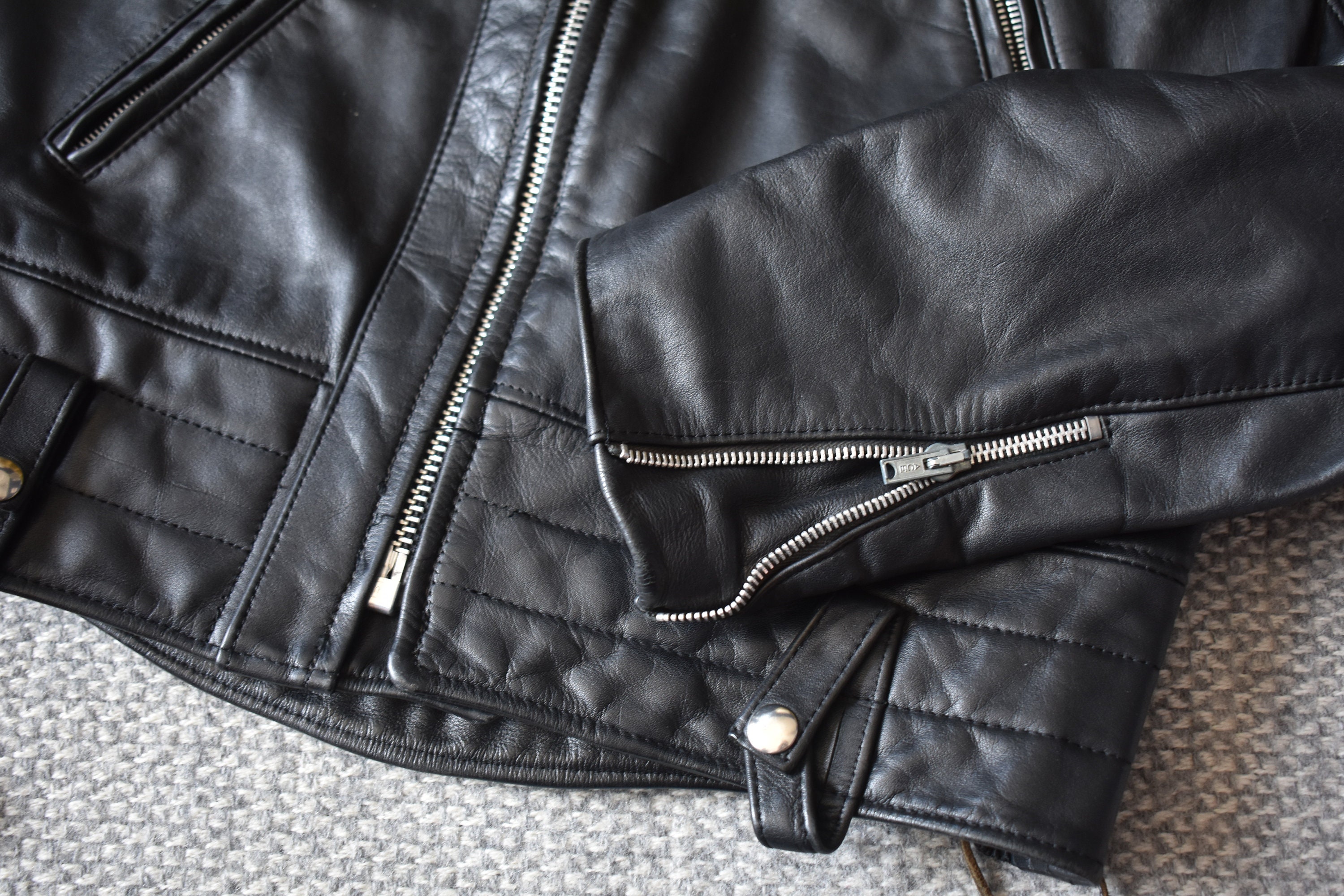 Vtg 60s 70s British Black Real Hide Leather Motorcycle Biker