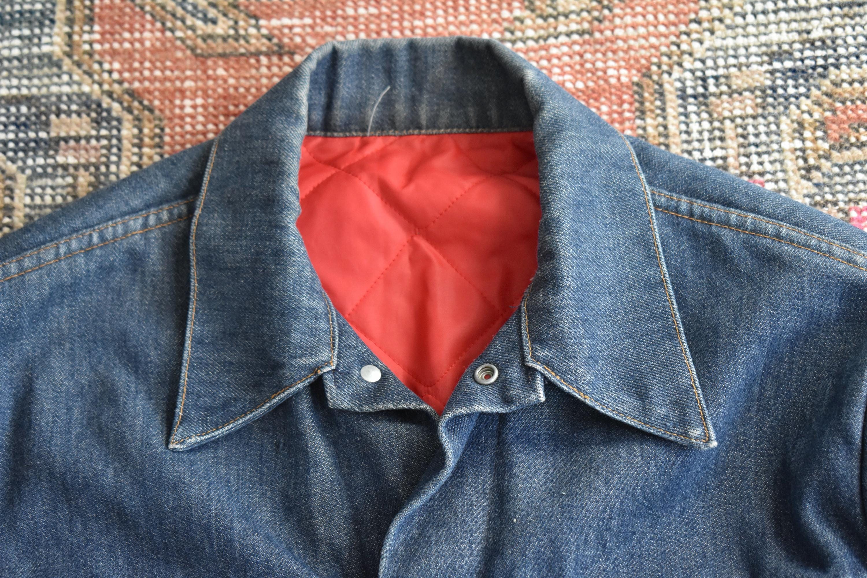 Vtg 60s 70s American Union Made Blue Denim Popper Button Quilted 