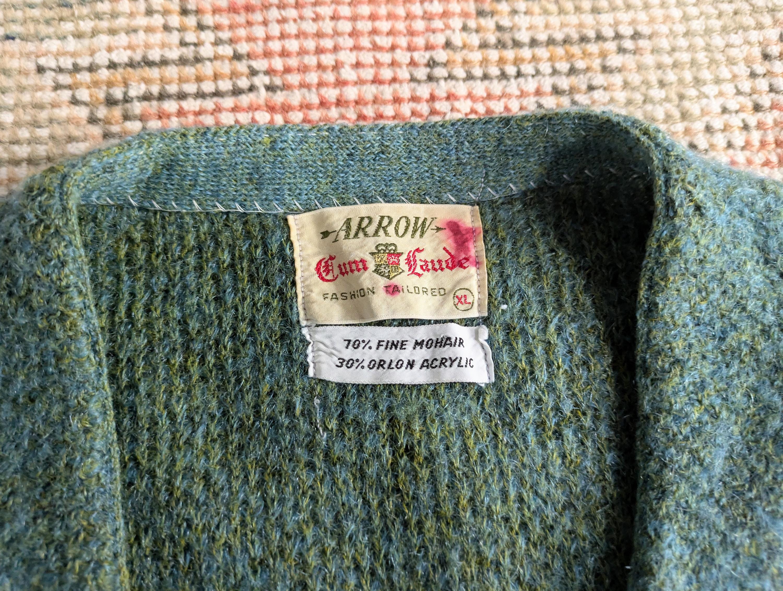 トップス 60s arrow vintage mohair cardigan Vtg 50s 60s Arrow Cum Laude Green Fuzzy Mohair & Acrylic