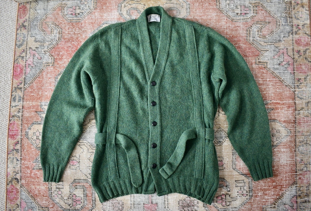 Vtg 60s Scudder Sportswear Green Wool & Mohair Belted Cardigan