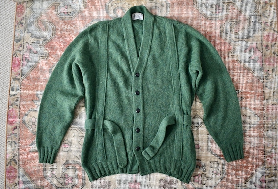 Vtg 60s Scudder Sportswear Green Wool & Mohair Belted Cardigan