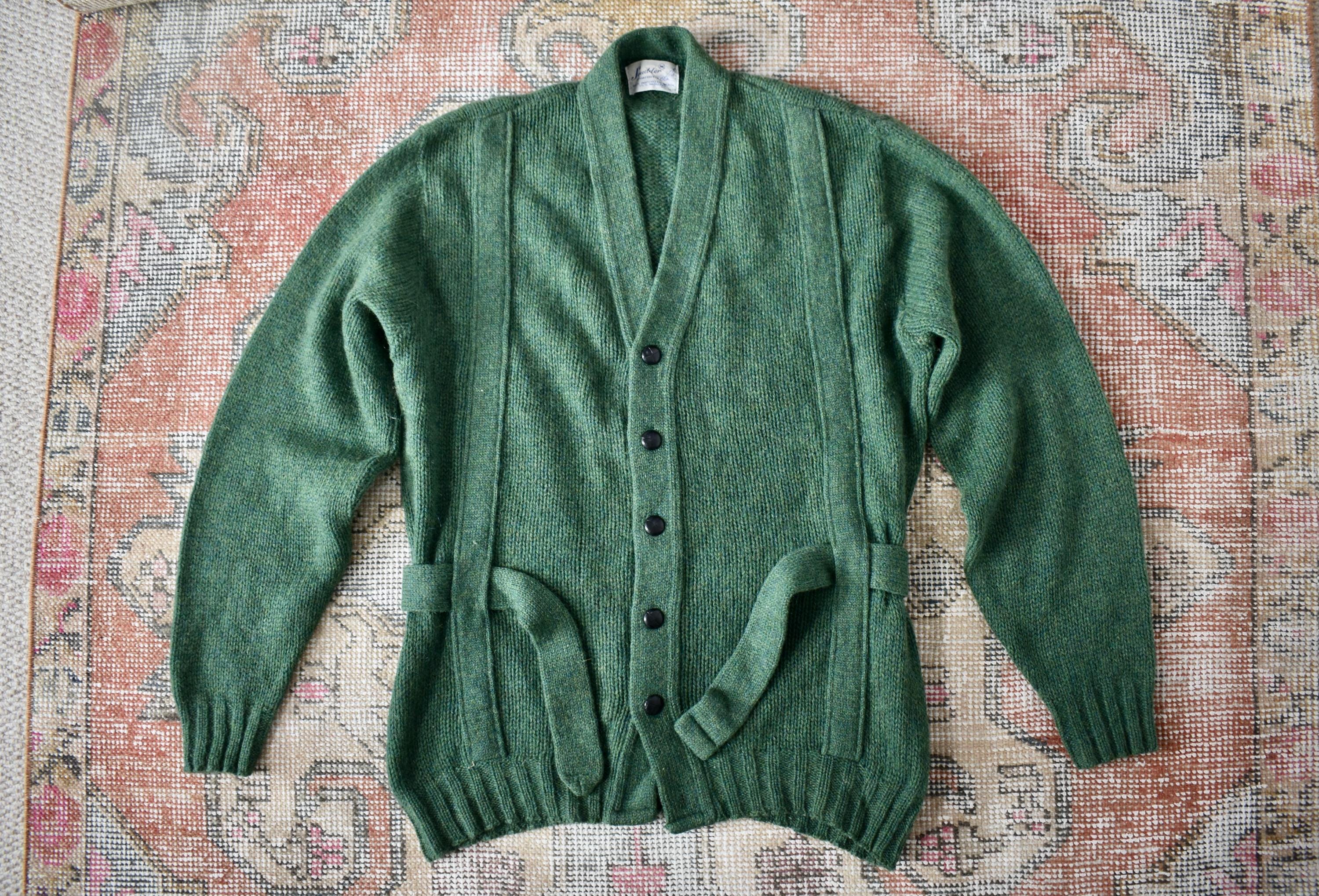 Vtg 60s Scudder Sportswear Green Wool & Mohair Belted Cardigan