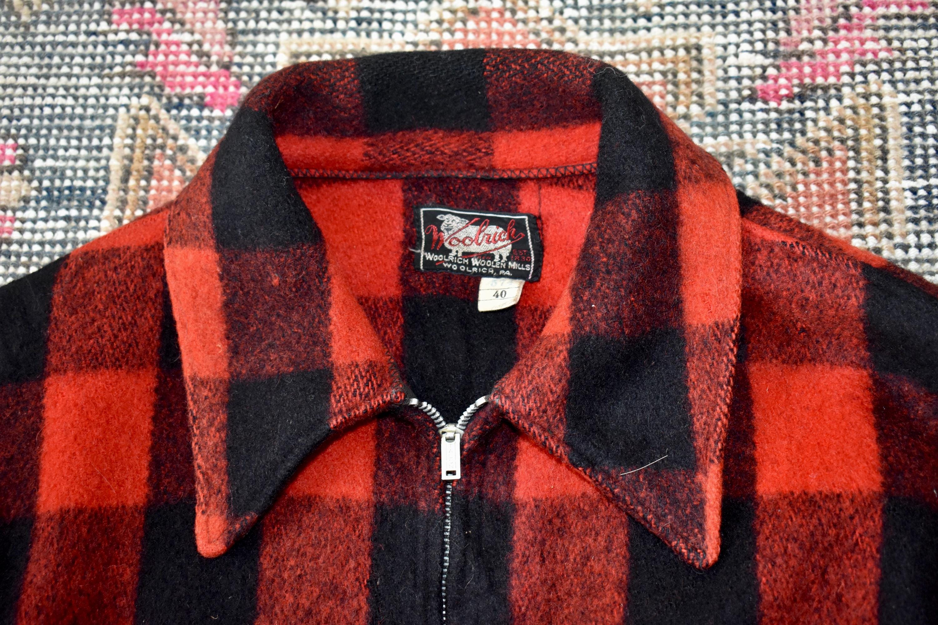 Vtg 1940s Woolrich Red & Black Buffalo Plaid Wool Jacket Talon