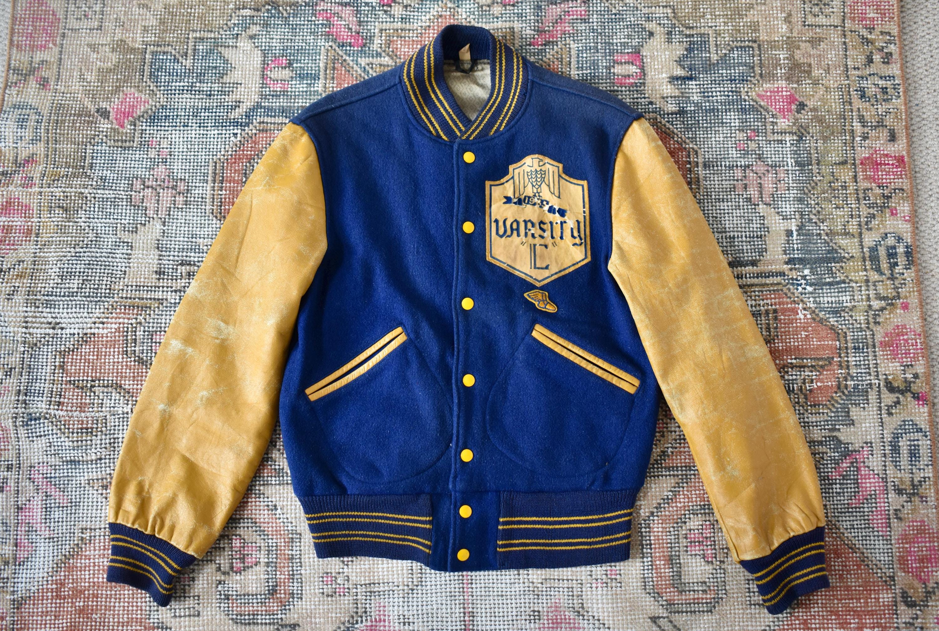Vtg 1965 Butwin Blue Wool & Yellow Leather Arm Scranton Central