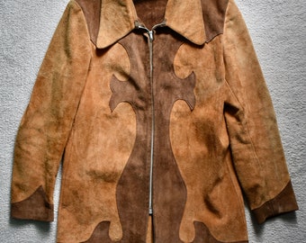 Cappotto da giacca da cowboy western con cerniera lampo in pelle scamosciata bicolore vintage anni '60 messicano 38