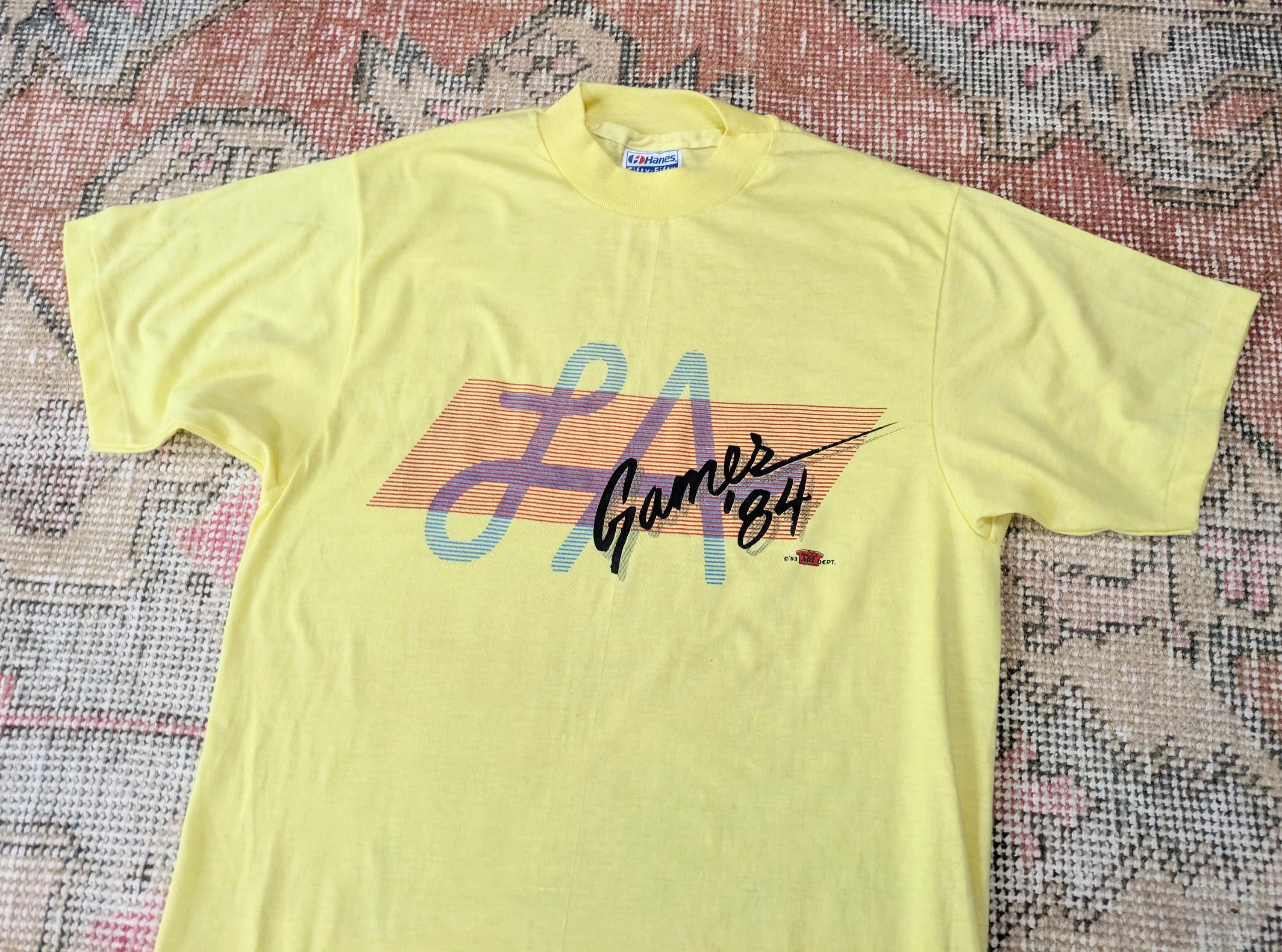 Vtg 80s LA Games '84 Yellow Graphic Single Stitch Tee Olympics T