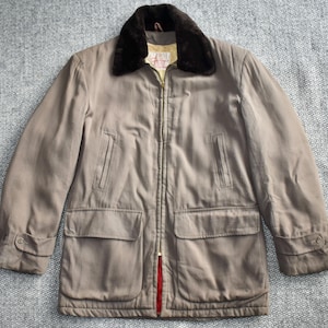 Vtg 50s Sportimer Robert Hall Grey Beige Gabardine Fur Collar Rockabilly Coat Outerwear Car Jacket Western USA 42