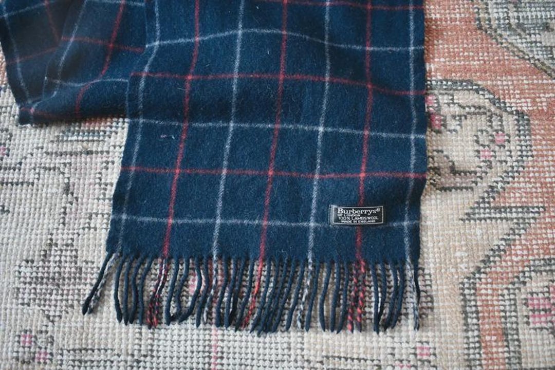 Vtg 80s Burberrys London 100% Lambswool Navy Blue & Red Windowpane