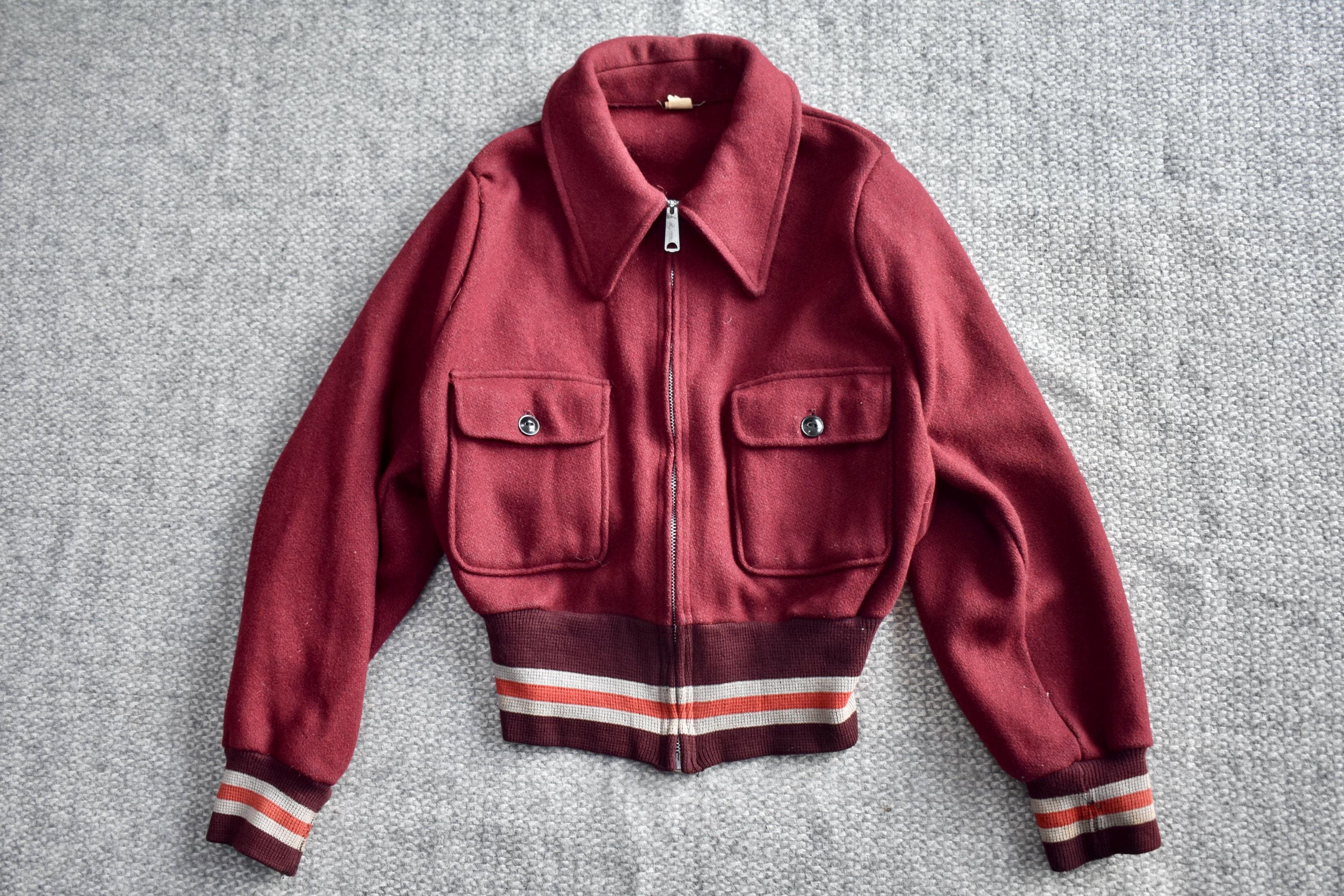 Vtg 60s American Burgundy Wool Talon Zip Rockabilly Bomber Jacket