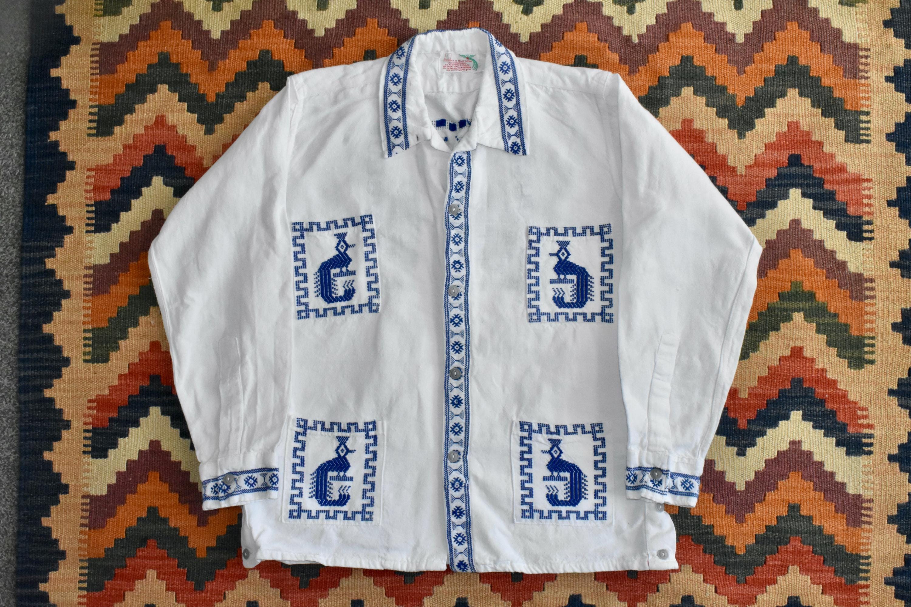 Vtg 60s 70s Guatemalan White & Blue Embroidered Peacock Bird 