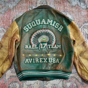 Vtg 1991 Avirex Suquamish Distressed Leather Varsity Bomber Jacket Coat Mens M/L