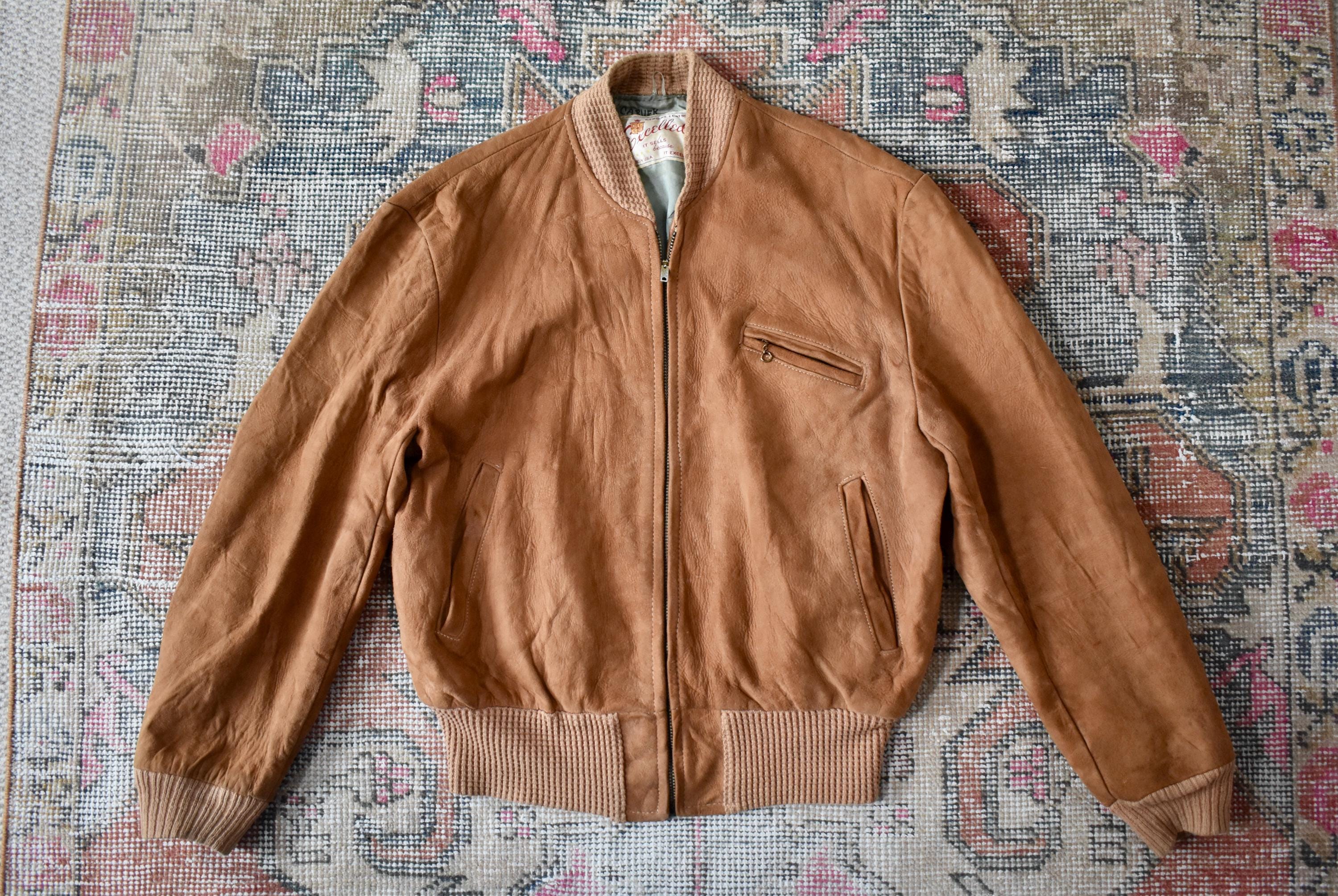 Vtg 50s 60s Excelled Brown Suede Leather Bomber Jacket Coat Esko
