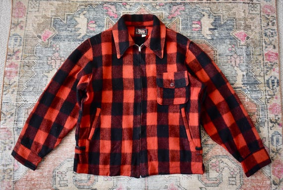 Vtg 1940s Woolrich Red & Black Buffalo Plaid Wool Jacket Talon