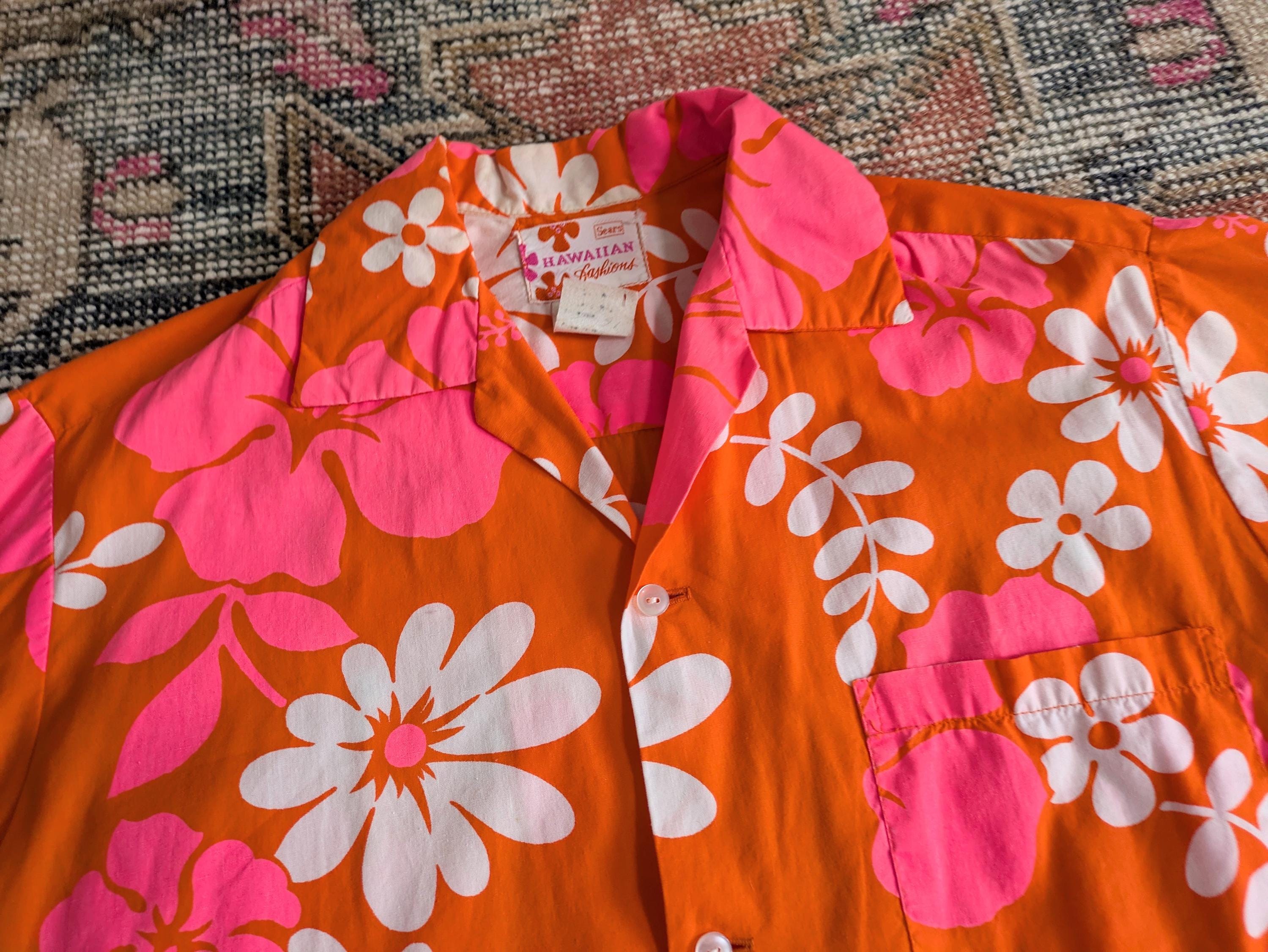 Vtg 60s 70s Sears Hawaiian Fashions Vibrant Orange & Pink Flower