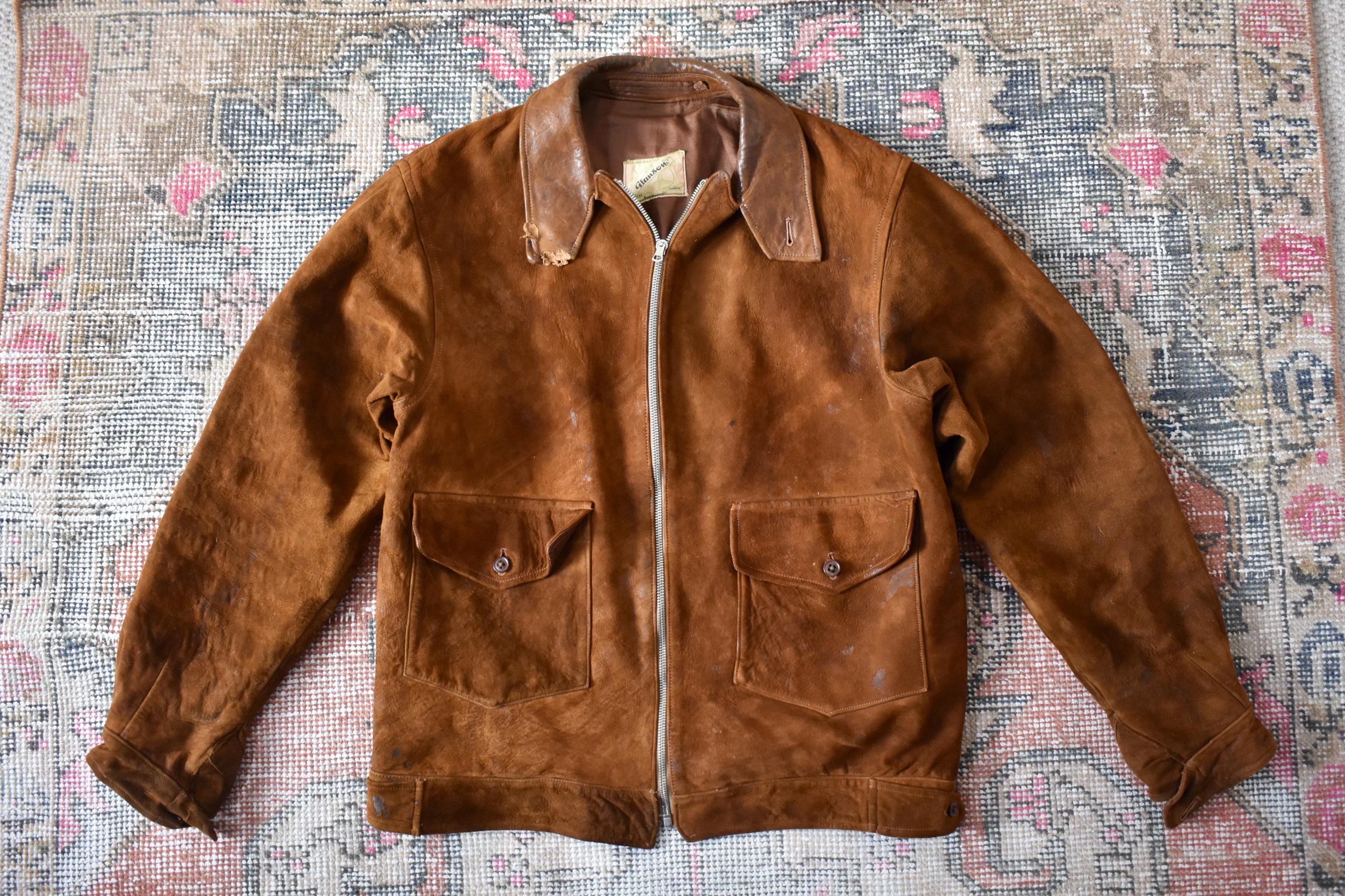 Vtg 1940s Glanson Distressed Brown Suede Jacket Motorcycle