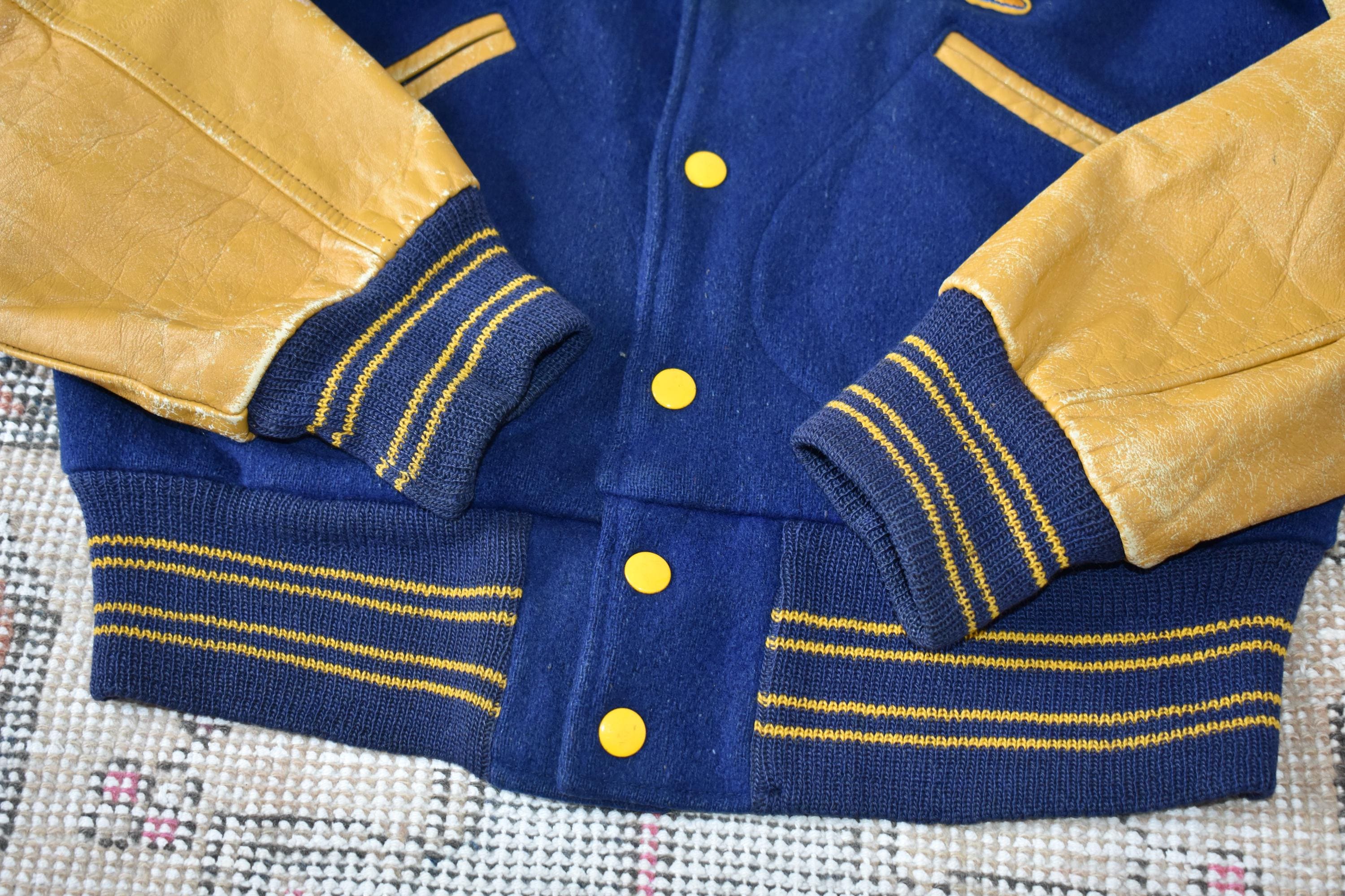 Vtg 1965 Butwin Blue Wool & Yellow Leather Arm Scranton Central 