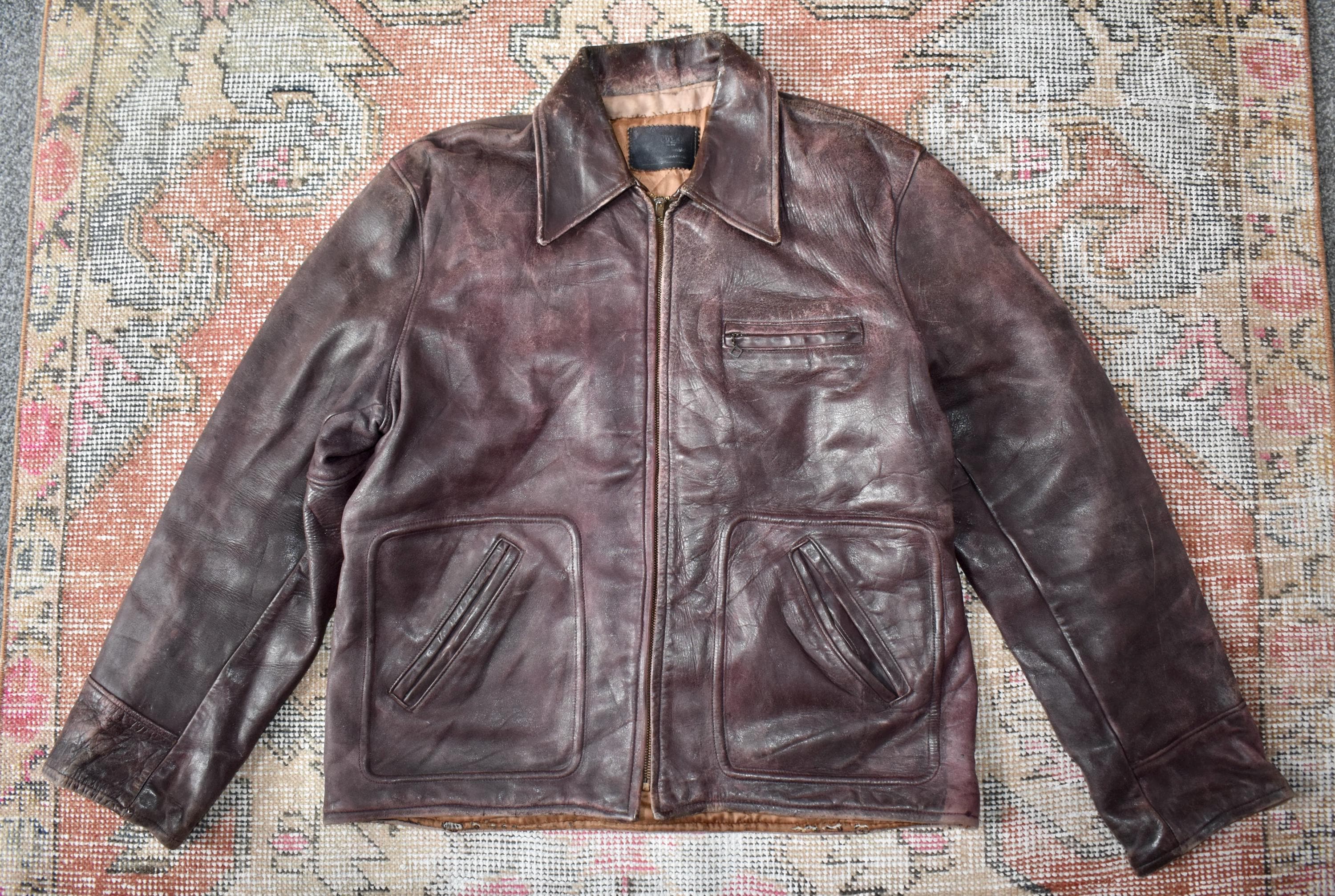Vtg 50s Hercules Distressed Brown Horsehide Leather Half Belt Coat