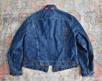 Vtg 80s Levi's 70411 Dark Blue Denim Buffalo Plaid Flannel Lined