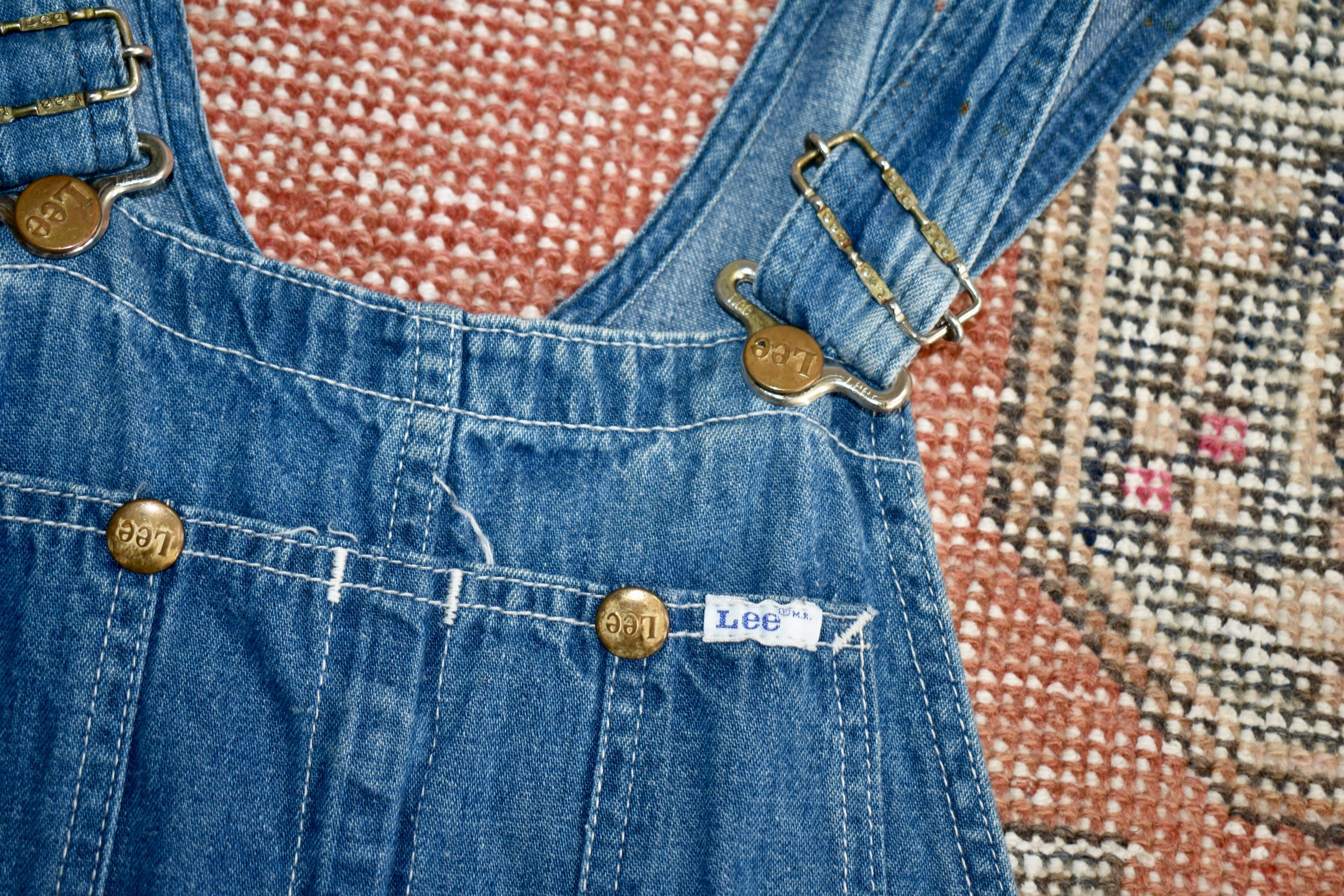 Vtg 70s LEE Blue Denim Workwear Overalls Bibs Dungarees Made in