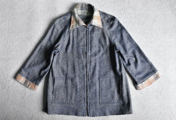 Vtg 60s 70s Handmade Blue White Twill Checked Wool Talon Zip
