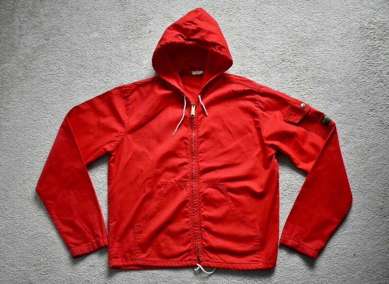 Vtg 70s OSHKOSH Lightweight Red Cotton Talon Zip Hooded Smock Parka Jacket Womens Medium 1214