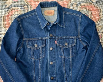 Vtg 80s Levi's 70506-0217 Dark Blue Denim Trucker Jean Jacket Size