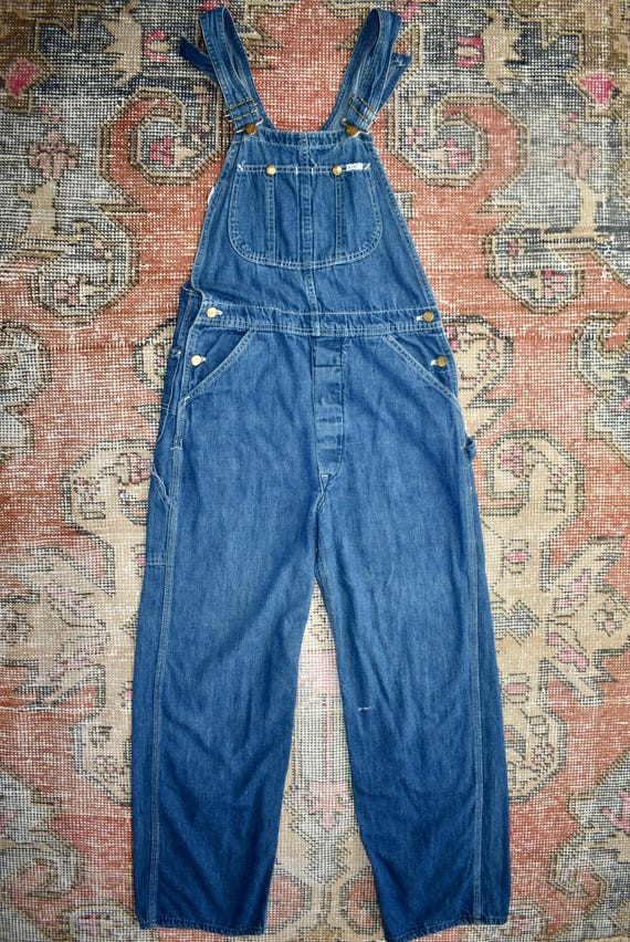 Vtg 70s LEE Blue Denim Workwear Overalls Bibs Dungarees Made in