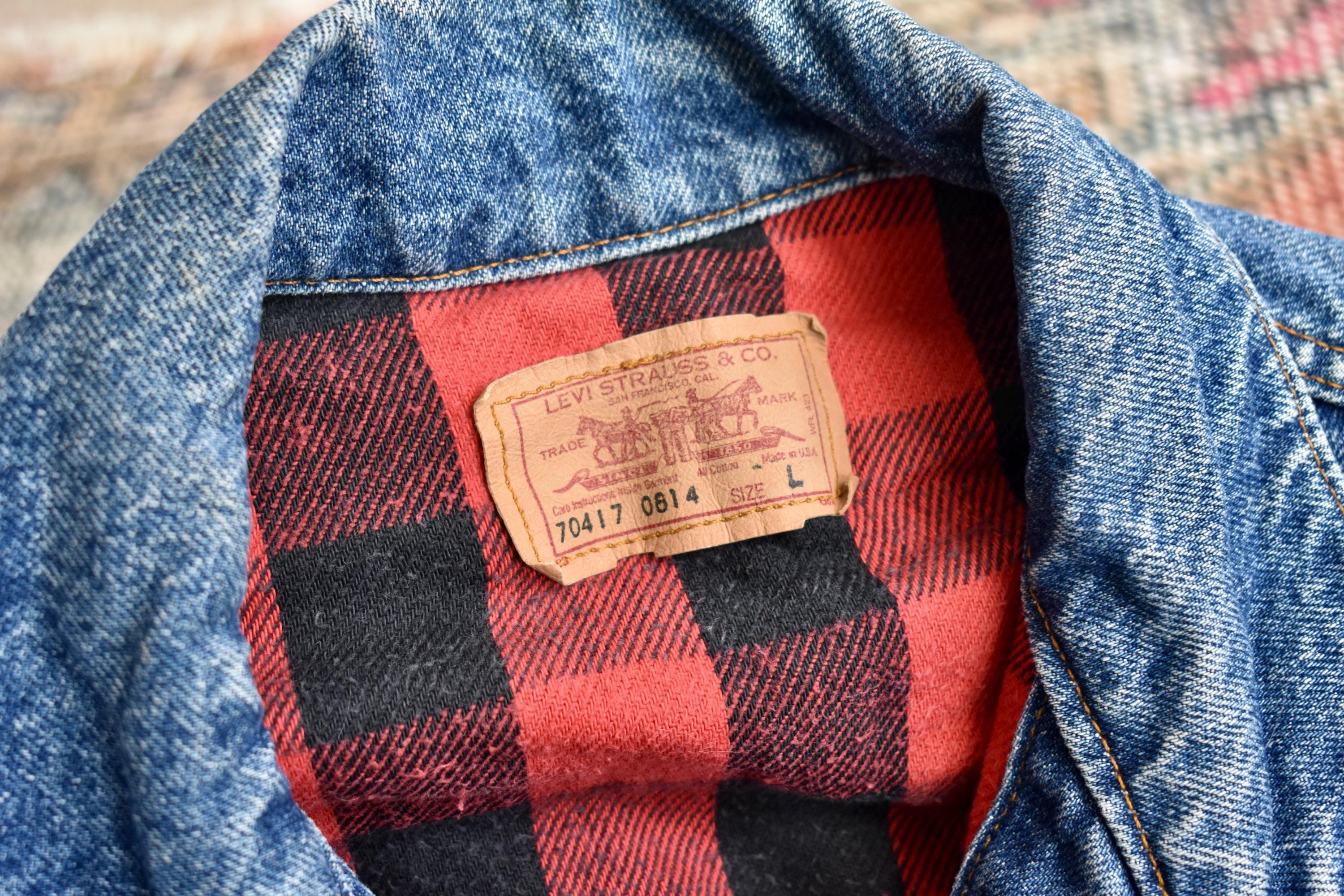 Vtg 80s Levi's 70417 0814 Blue Denim Buffalo Plaid Flannel