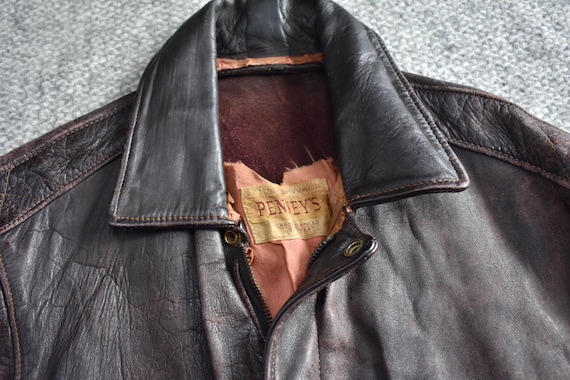 Vtg 50s Penneys Brown Distressed Horsehide Leather Bomber Jacket